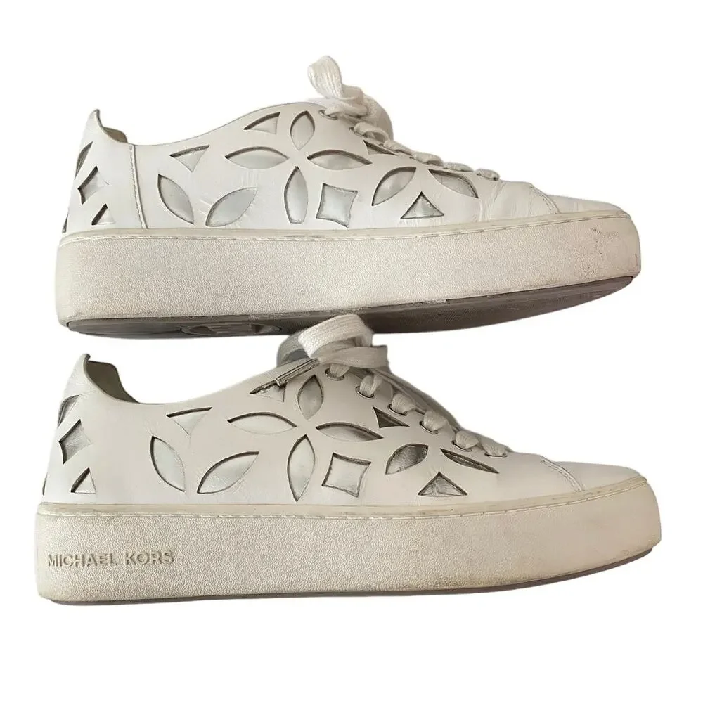 Michael Kors White Leather Platform Mimi Sneakers Size 8 Floral Casual Metallic